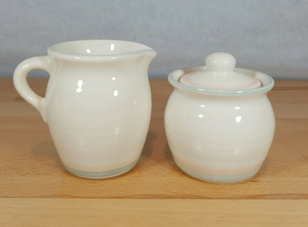 Pfaltzgraff Creamer & lidded Sugar 024 Sunrise pattern Blue and Rose Stripe